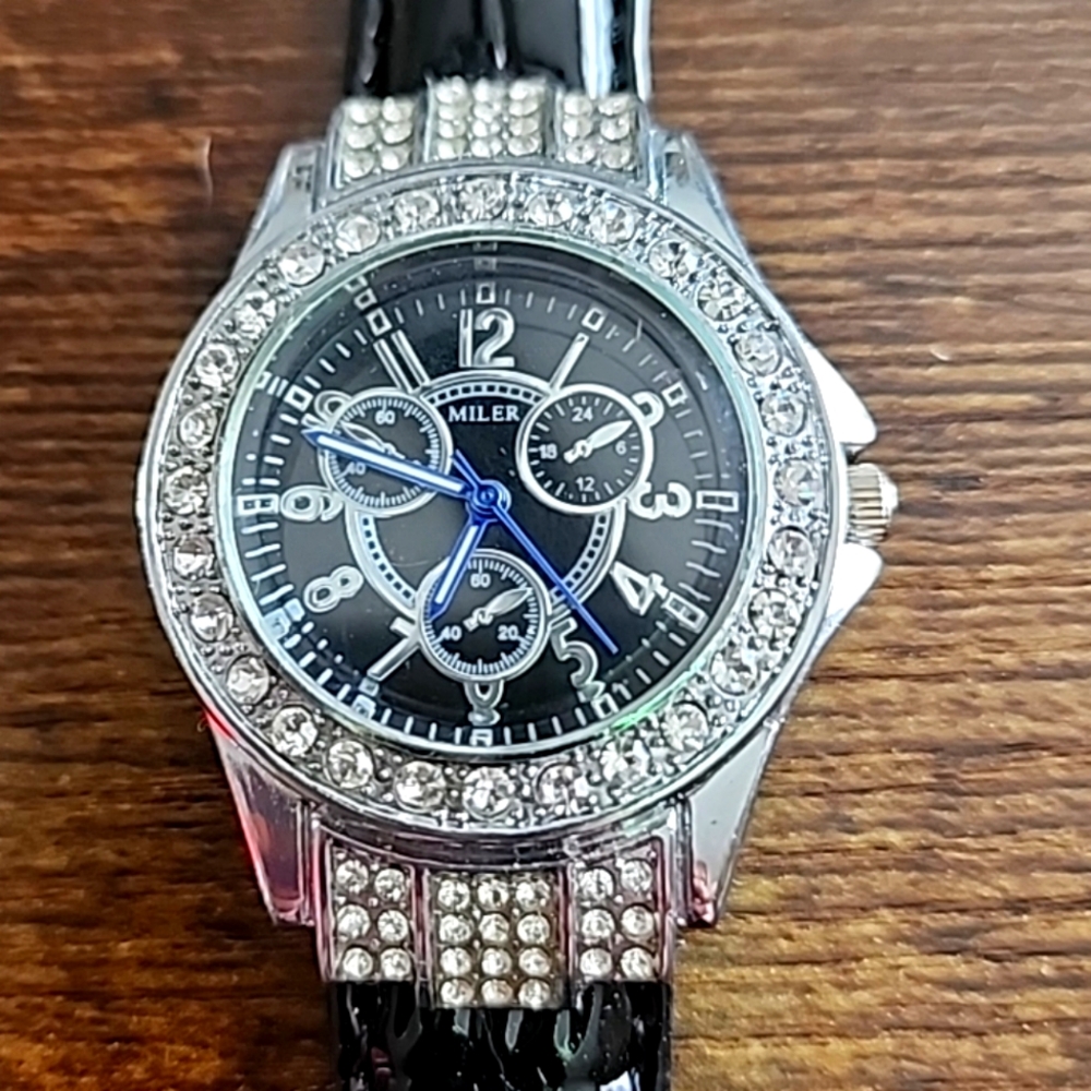 Miler Chronograph Watch With Rhinestone Bezel & Black Leather Band